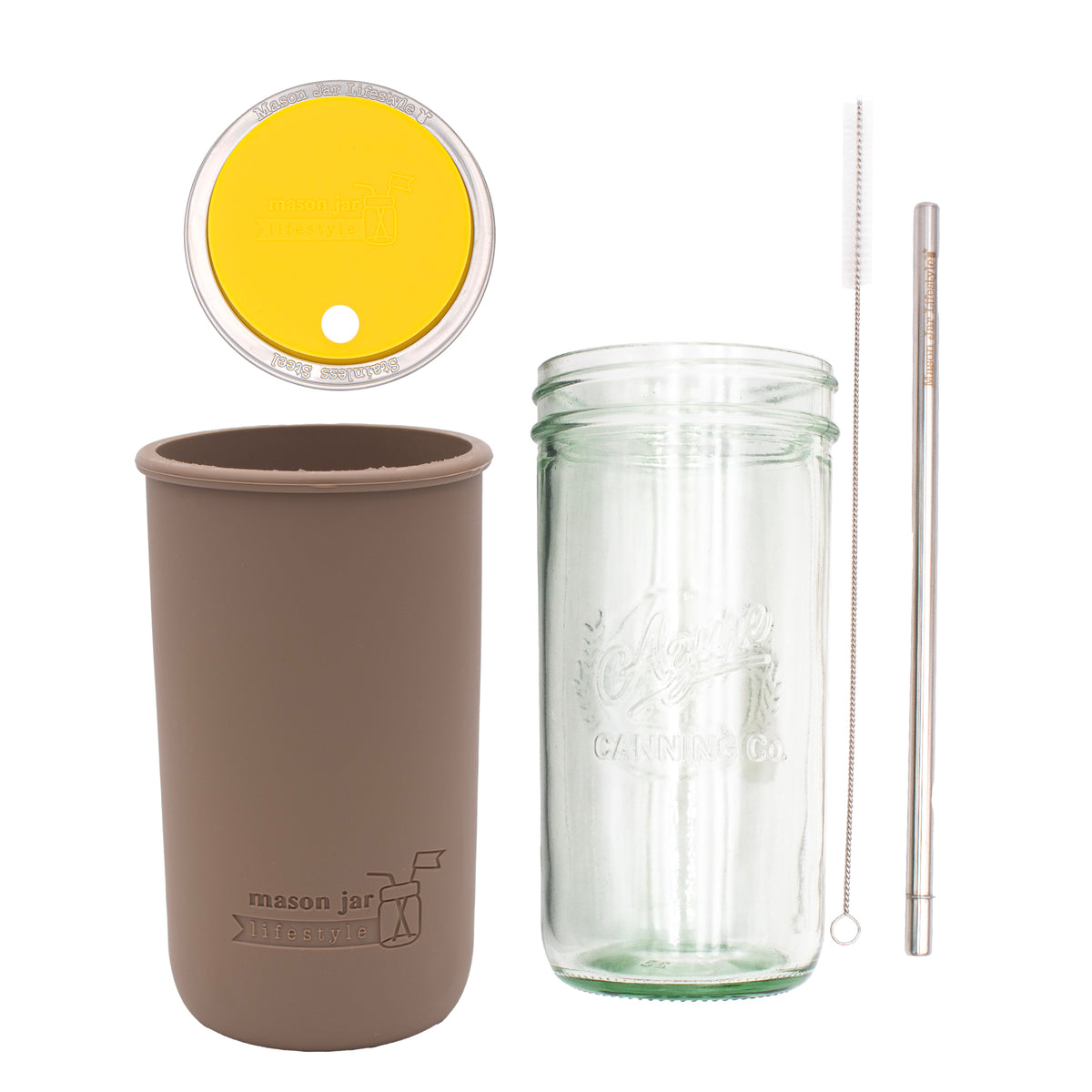 Pint and a half water bottle azure stainless steel straw cleaner pint and a half sleeve cocoa brown wide mouth straw hole lid lemon yellow product on white