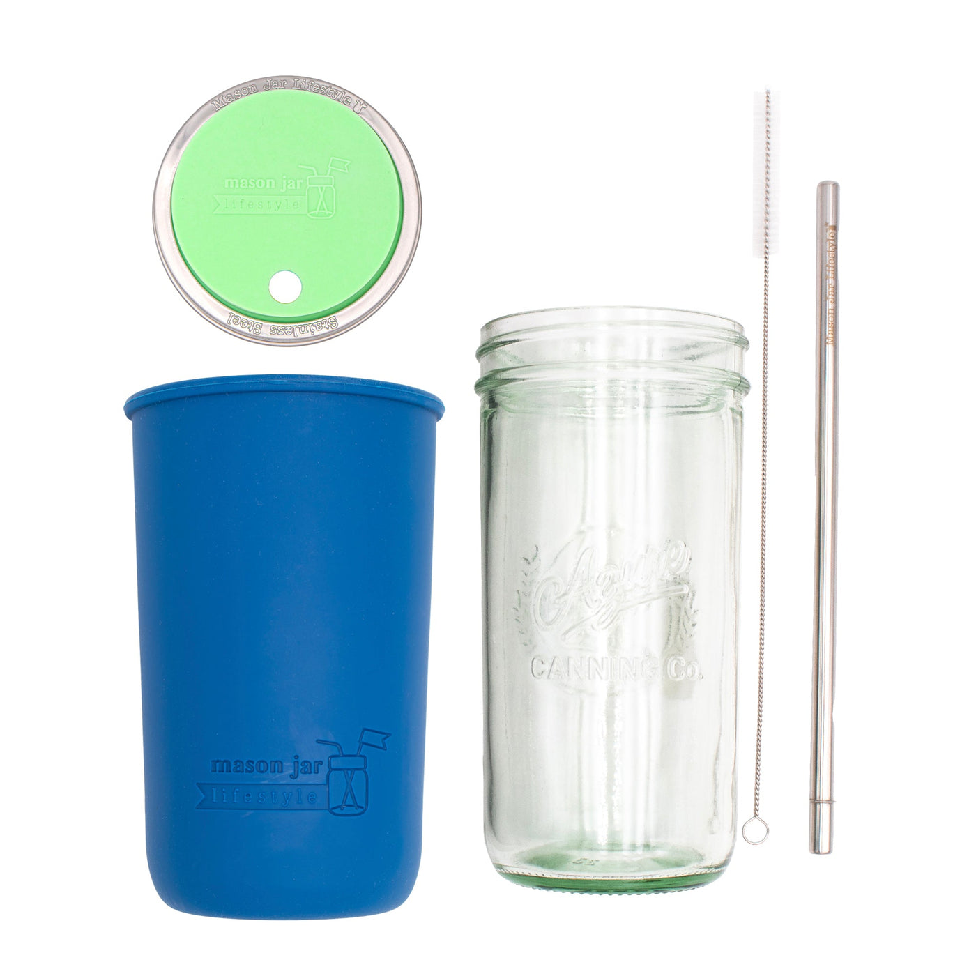 Pint and a half water bottle azure stainless steel straw cleaner pint and a half sleeve deep blue wide mouth straw hole lid mint green product on white