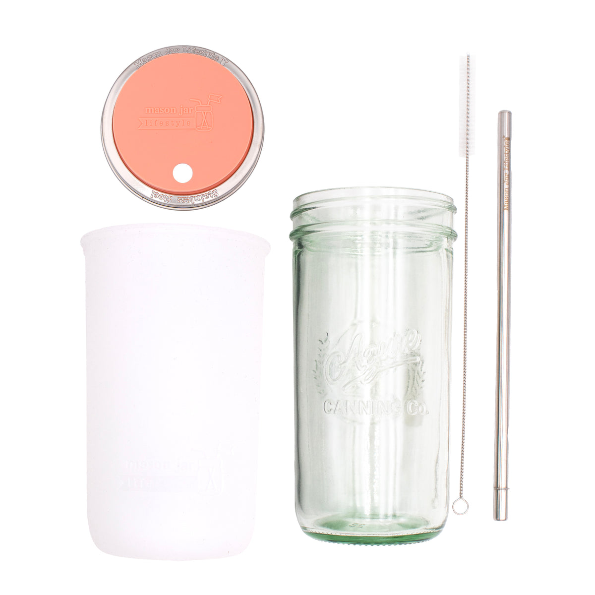 Pint and a half water bottle azure stainless steel straw cleaner pint and a half sleeve frost wide mouth straw hole lid coral pink product on white components