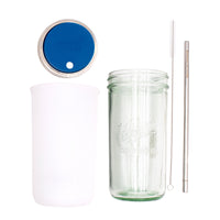 Pint and a half water bottle azure stainless steel straw cleaner pint and a half sleeve frost wide mouth straw hole lid deep blue product on white components