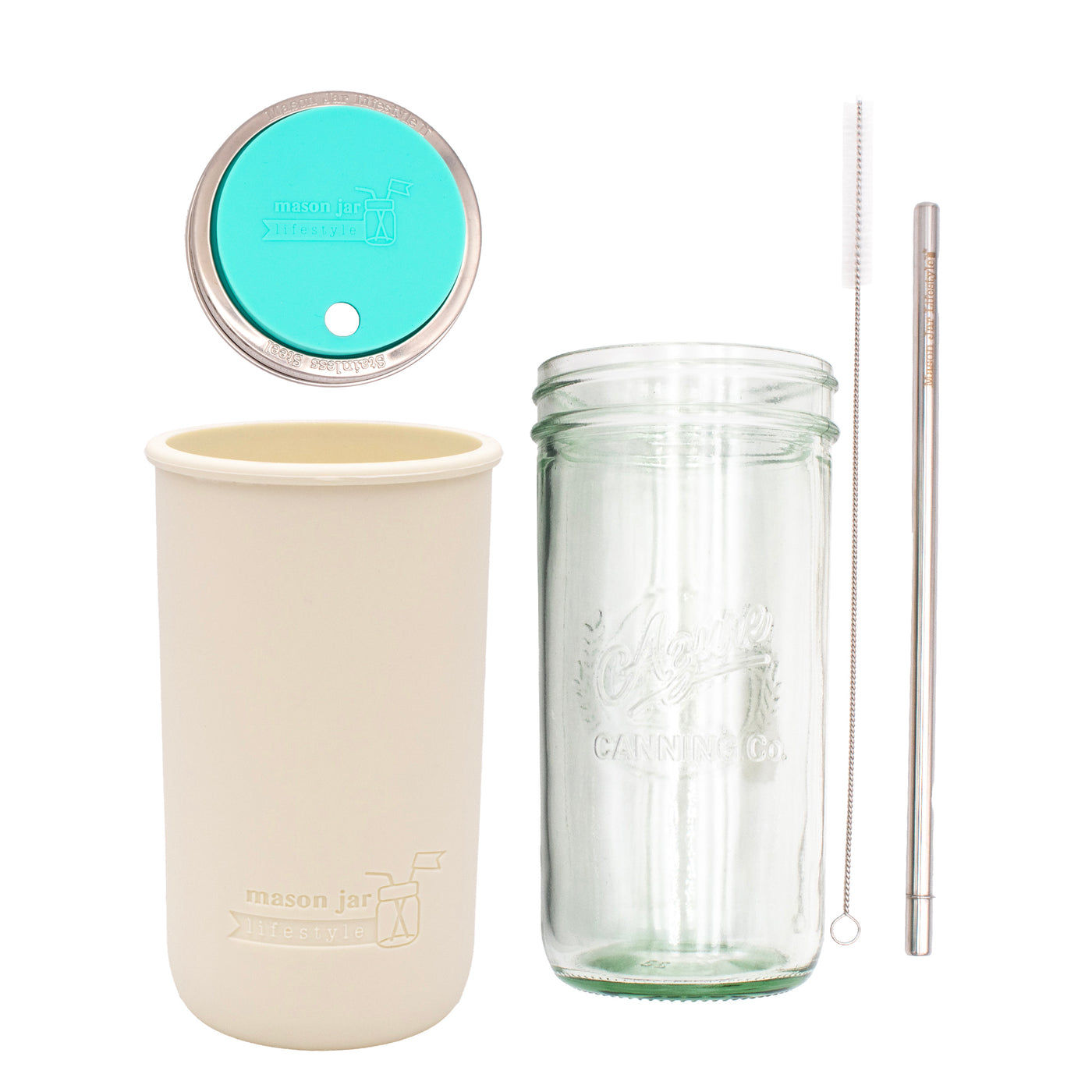 Pint and a half water bottle azure stainless steel straw cleaner pint and a half sleeve greige wide mouth straw hole lid aquamarine product on white components