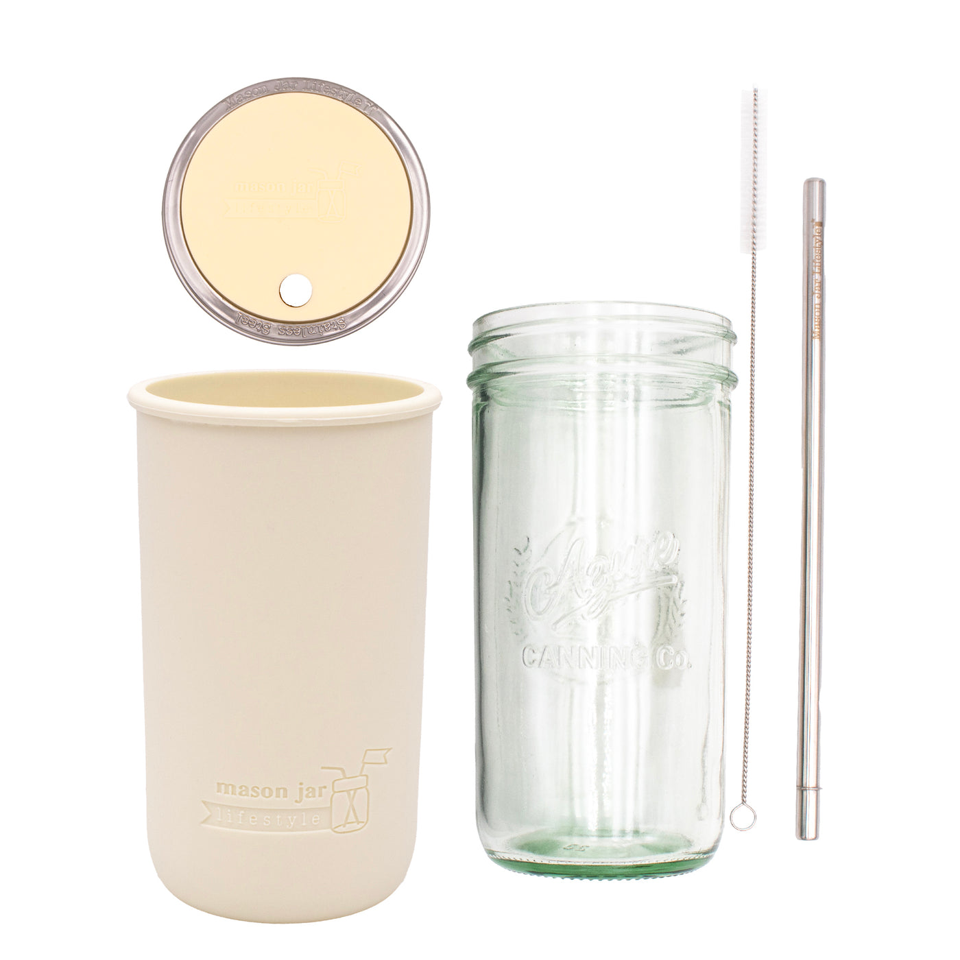 Pint and a half water bottle azure stainless steel straw cleaner pint and a half sleeve greige wide mouth straw hole lid butter yellow product on white