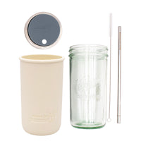 Pint and a half water bottle azure stainless steel straw cleaner pint and a half sleeve greige wide mouth straw hole lid charcoal gray product on white