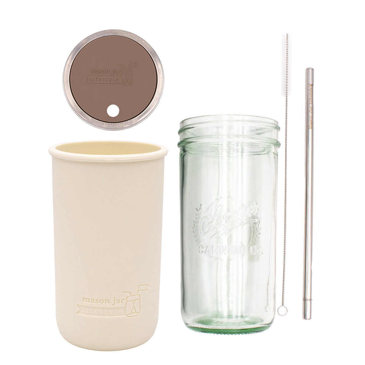 Pint and a half water bottle azure stainless steel straw cleaner pint and a half sleeve greige wide mouth straw hole lid cocoa brown product on white components