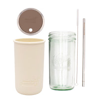Pint and a half water bottle azure stainless steel straw cleaner pint and a half sleeve greige wide mouth straw hole lid cocoa brown product on white components
