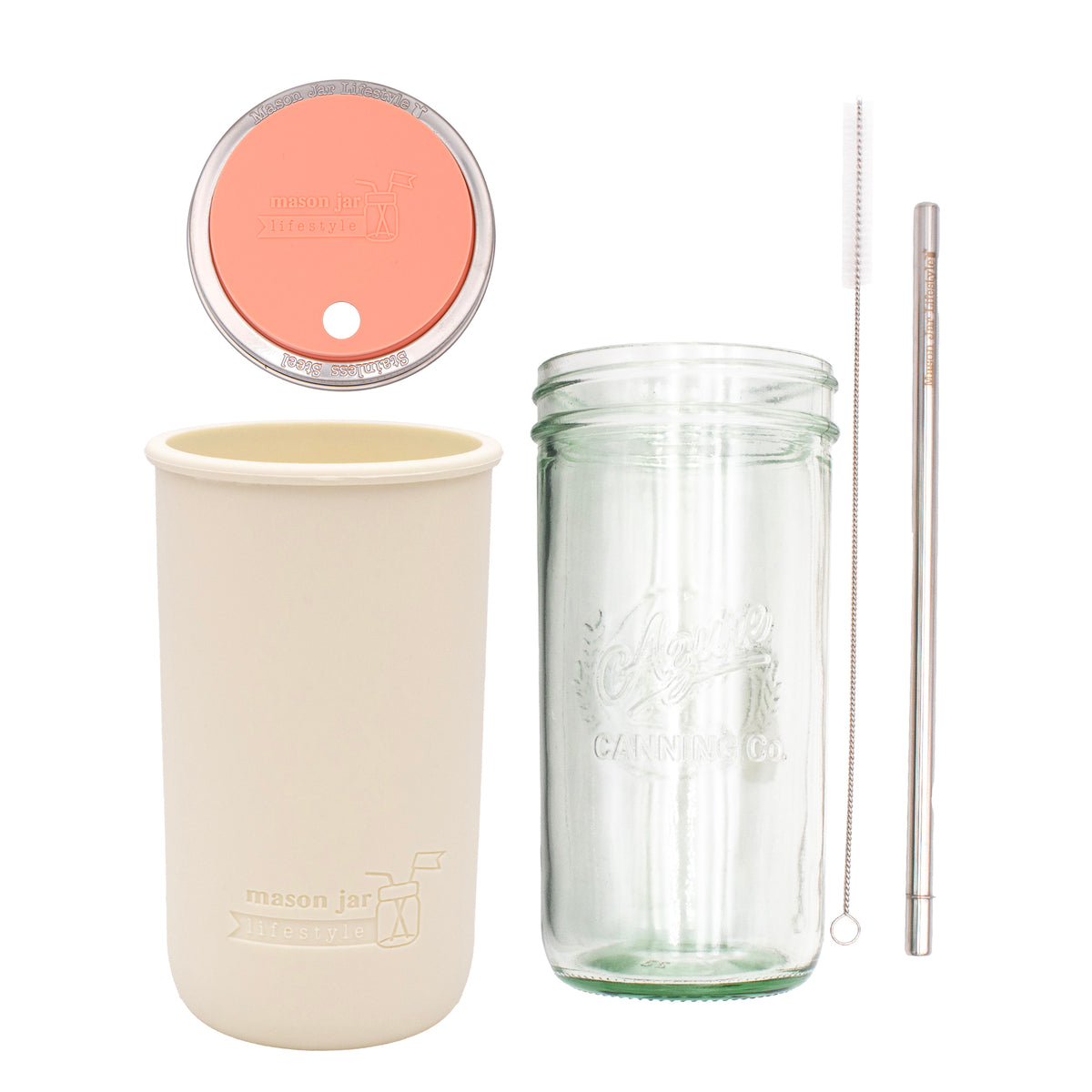 Pint and a half water bottle azure stainless steel straw cleaner pint and a half sleeve greige wide mouth straw hole lid coral pink product on white components