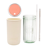 Pint and a half water bottle azure stainless steel straw cleaner pint and a half sleeve greige wide mouth straw hole lid coral pink product on white components