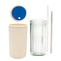 Pint and a half water bottle azure stainless steel straw cleaner pint and a half sleeve greige wide mouth straw hole lid deep blue product on white components