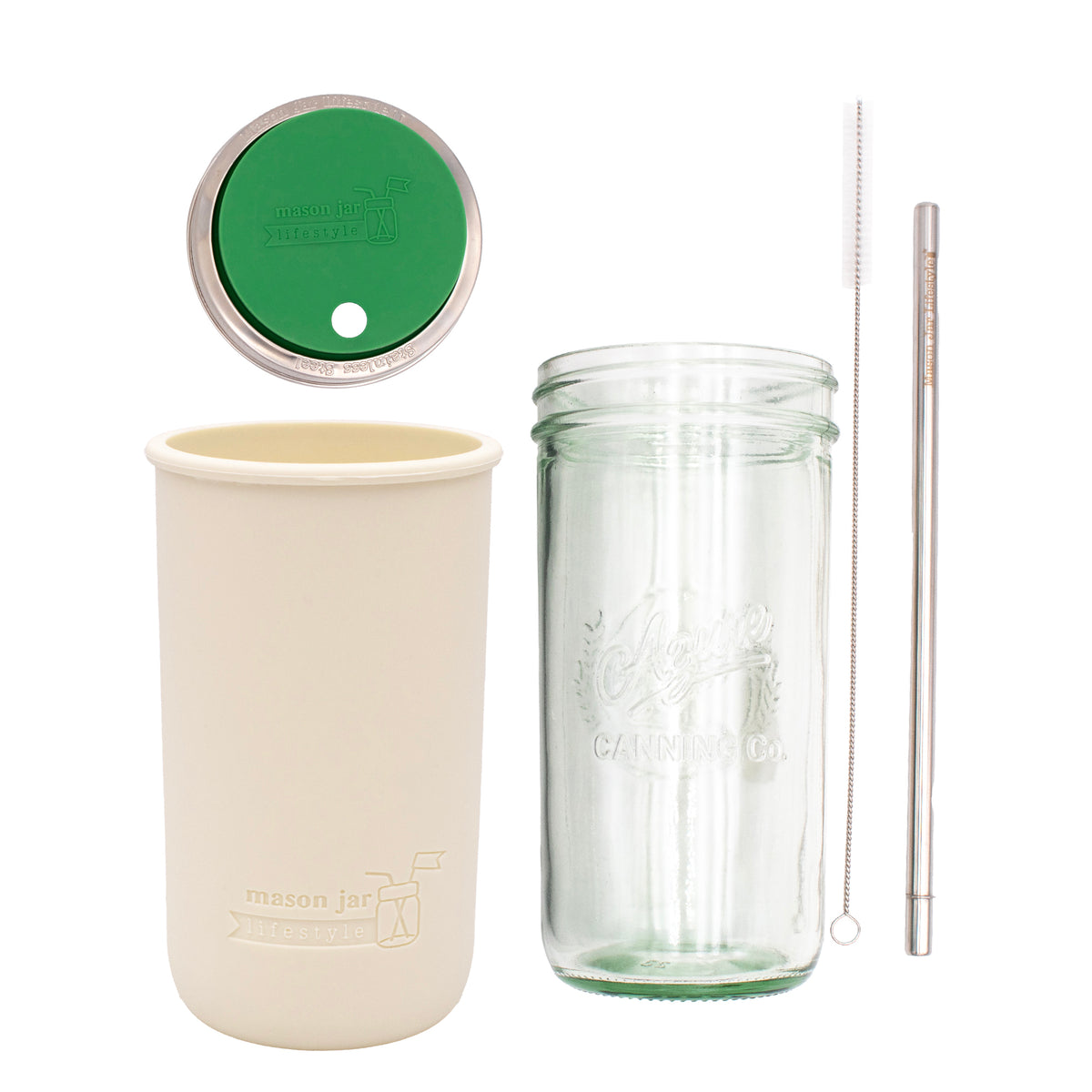 Pint and a half water bottle azure stainless steel straw cleaner pint and a half sleeve greige wide mouth straw hole lid leaf green product on white components