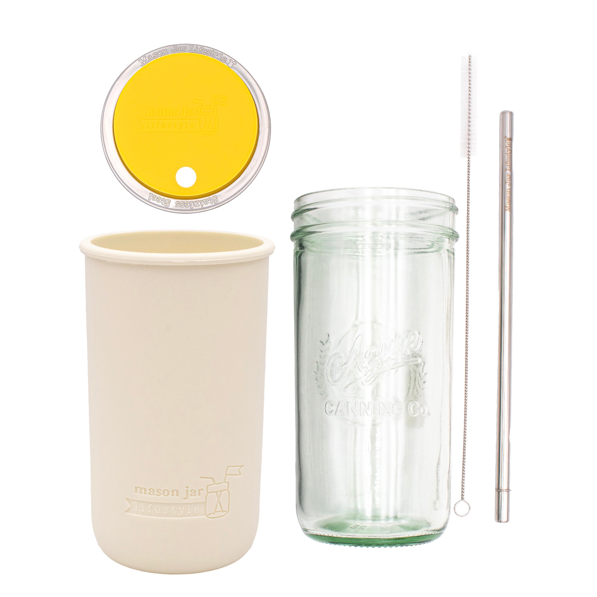 Pint and a half water bottle azure stainless steel straw cleaner pint and a half sleeve greige wide mouth straw hole lid lemon yellow product on white