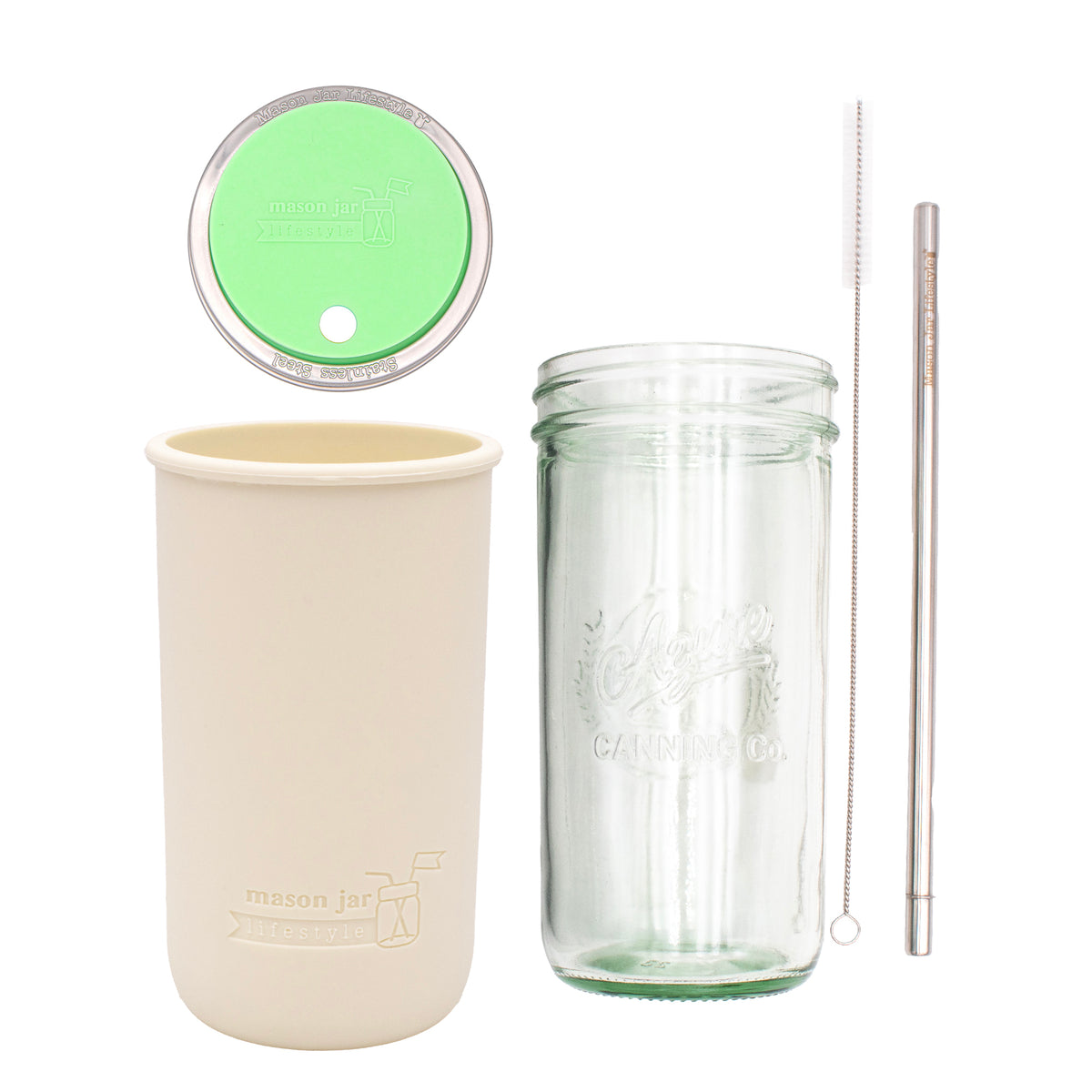 Pint and a half water bottle azure stainless steel straw cleaner pint and a half sleeve greige wide mouth straw hole lid mint green product on white components