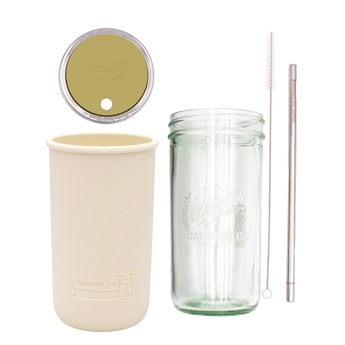 Pint and a half water bottle azure stainless steel straw cleaner pint and a half sleeve greige wide mouth straw hole lid olive green product on white components
