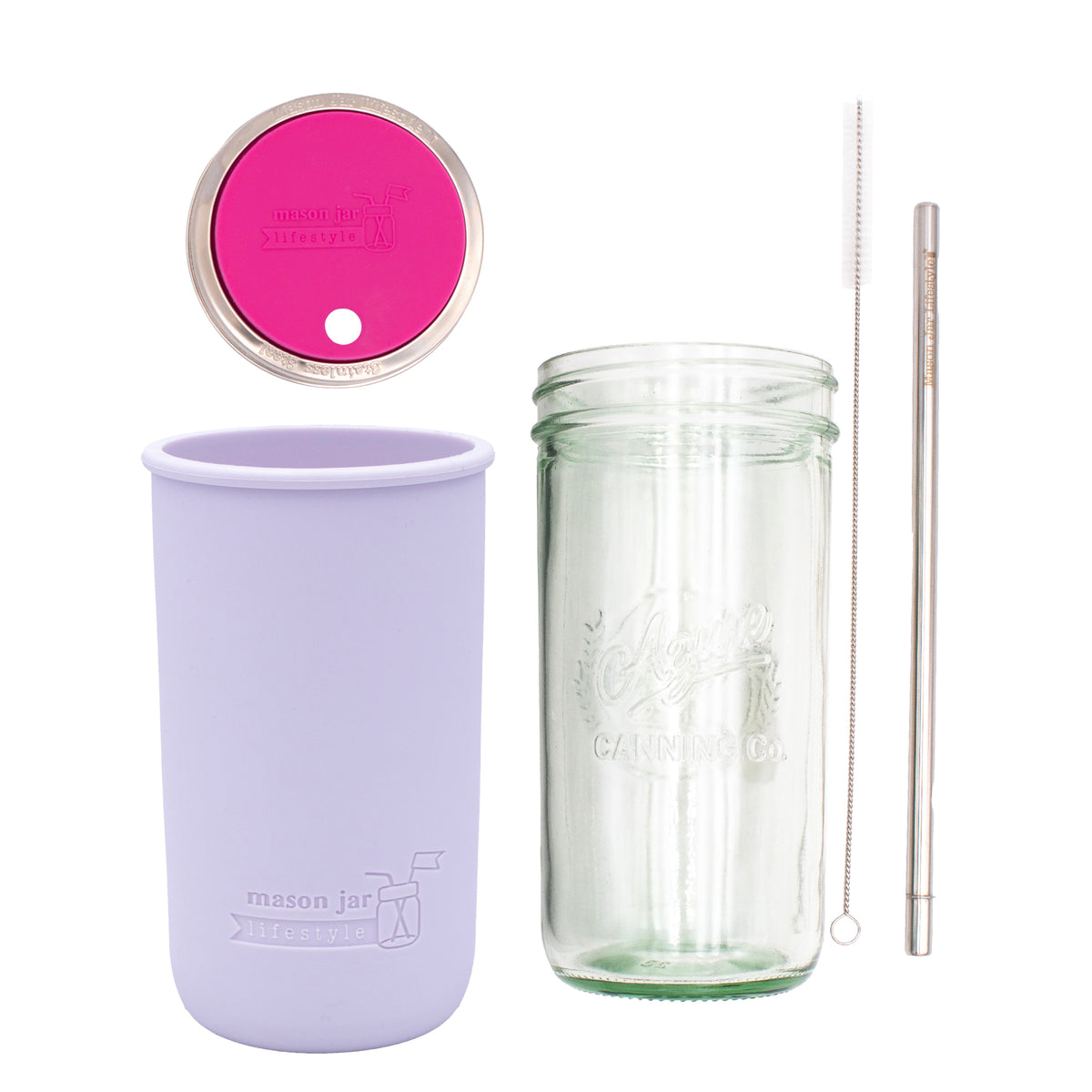 Pint and a half water bottle azure stainless steel straw cleaner pint and a half sleeve light orchid wide mouth straw hole lid berry pink product on white