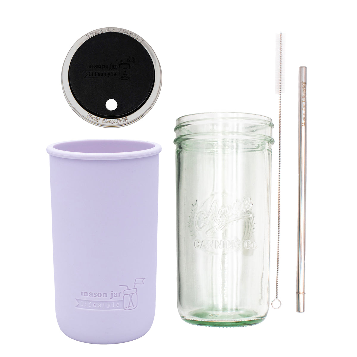 Pint and a half water bottle azure stainless steel straw cleaner pint and a half sleeve light orchid wide mouth straw hole lid black product on white components