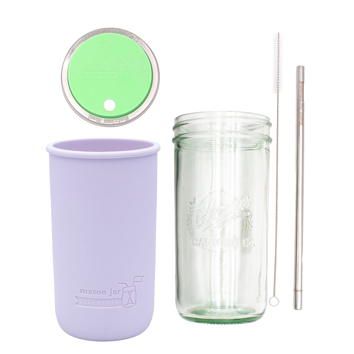 Pint and a half water bottle azure stainless steel straw cleaner pint and a half sleeve light orchid wide mouth straw hole lid mint green product on white