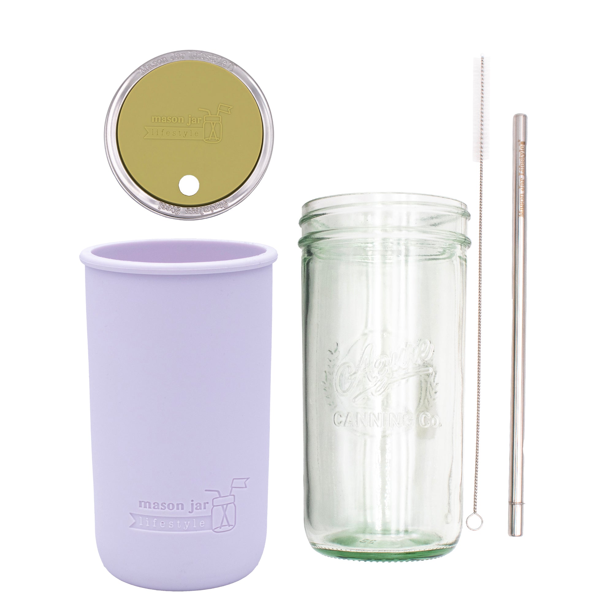 Pint and a half water bottle azure stainless steel straw cleaner pint and a half sleeve light orchid wide mouth straw hole lid olive green product on white
