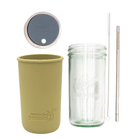 Pint and a half water bottle azure stainless steel straw cleaner pint and a half sleeve olive green wide mouth straw hole lid charcoal gray product on white