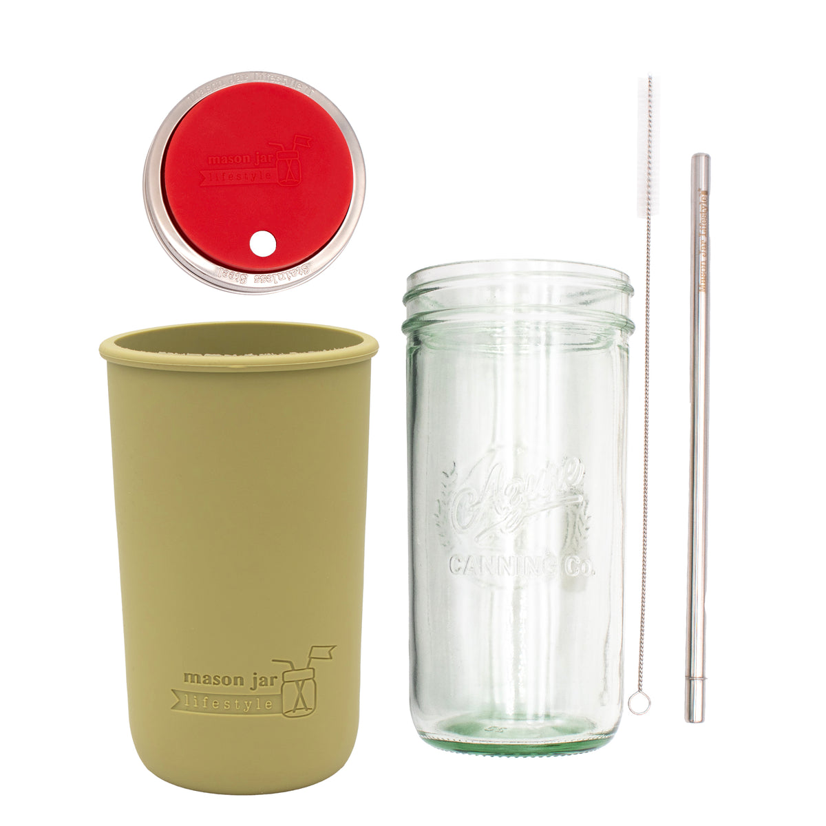 Pint and a half water bottle azure stainless steel straw cleaner pint and a half sleeve olive green wide mouth straw hole lid cherry red product on white