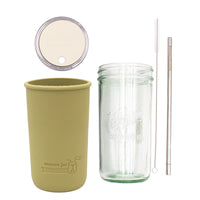 Pint and a half water bottle azure stainless steel straw cleaner pint and a half sleeve olive green wide mouth straw hole lid greige product on white components