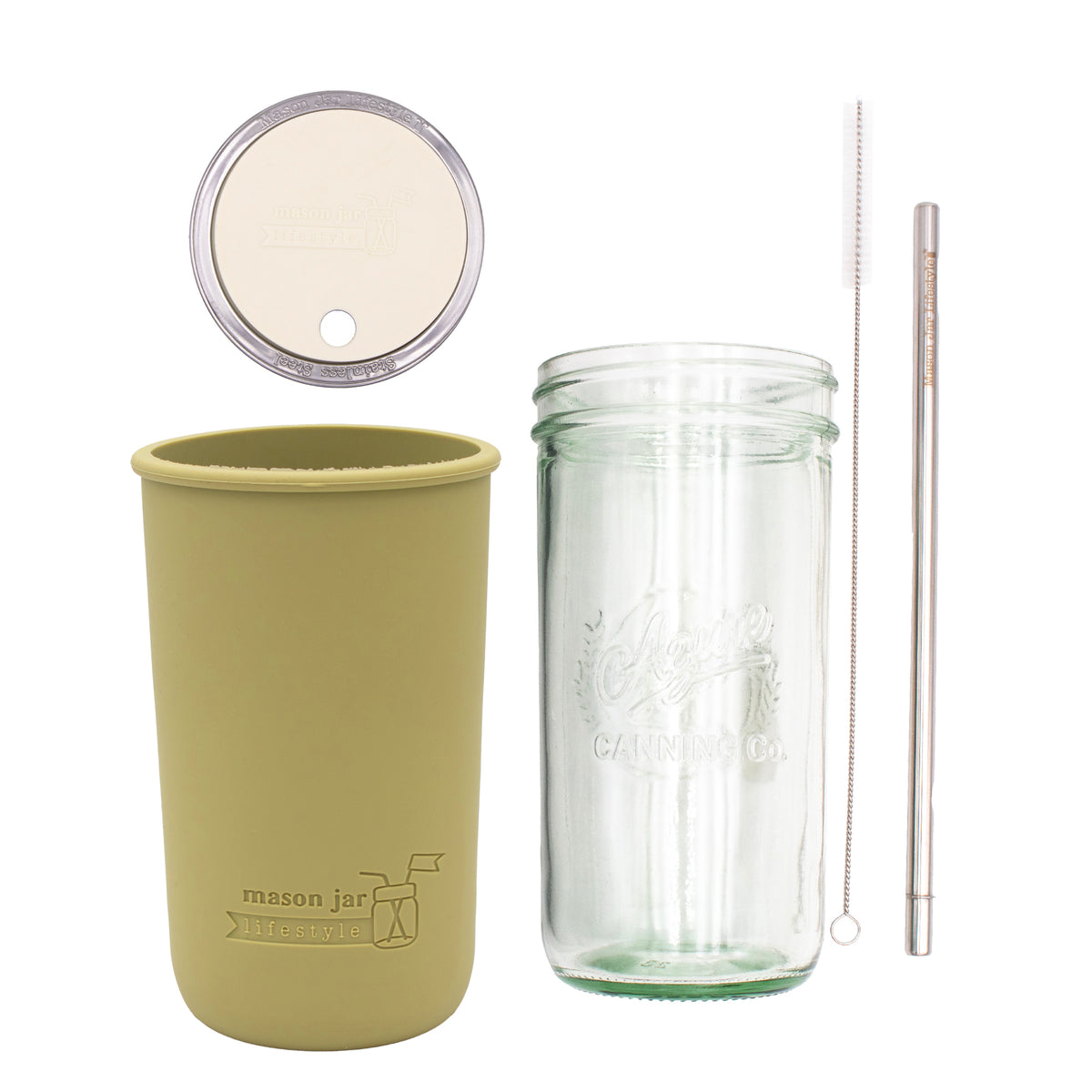 Pint and a half water bottle azure stainless steel straw cleaner pint and a half sleeve olive green wide mouth straw hole lid greige product on white components
