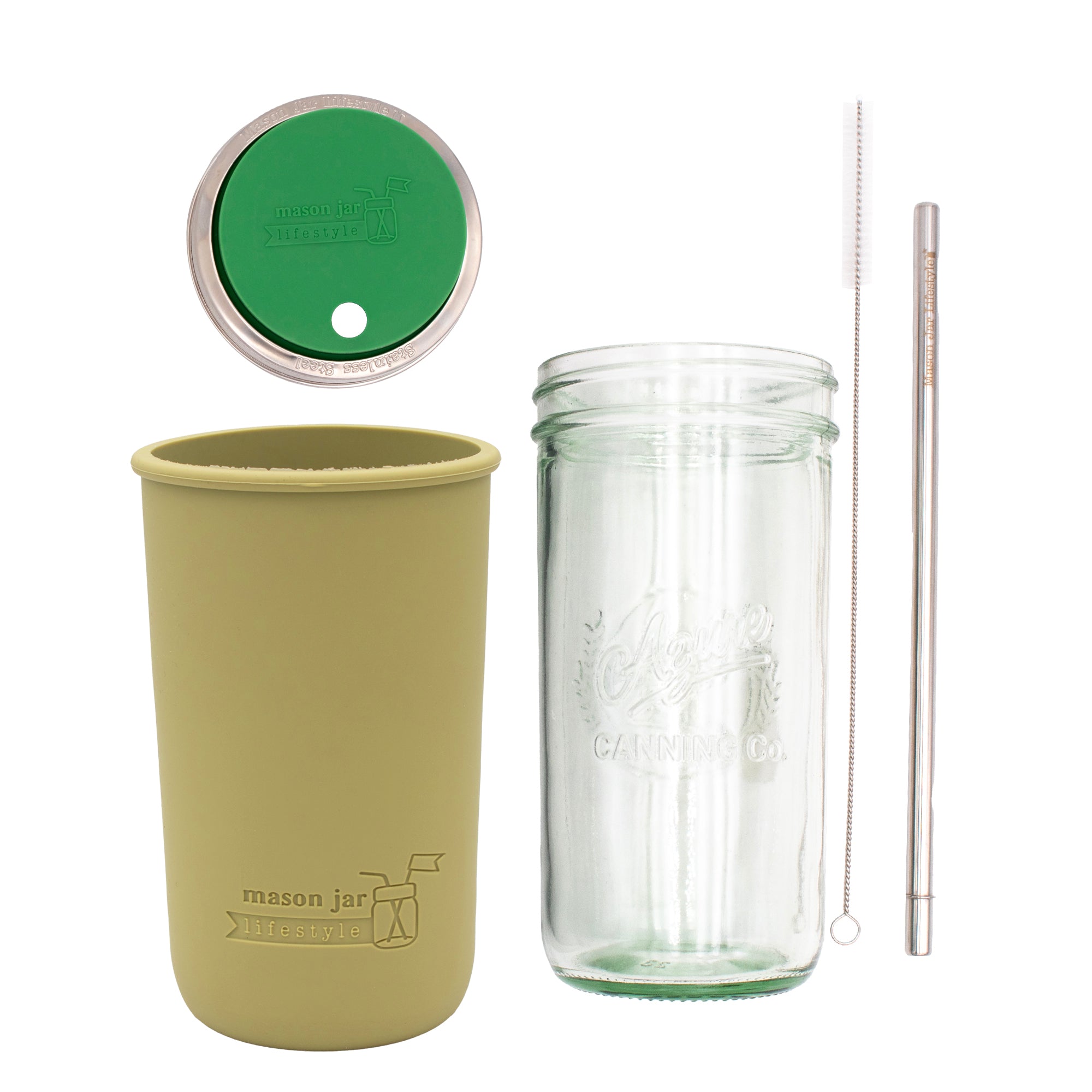 Pint and a half water bottle azure stainless steel straw cleaner pint and a half sleeve olive green wide mouth straw hole lid leaf green product on white