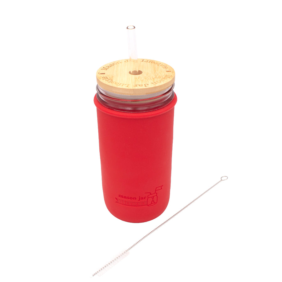 Mason Jar Lifestyle 24oz Pint & Half Glass Water Bottle Travel Tumbler with Silicone Sleeve & Bamboo Straw Lid