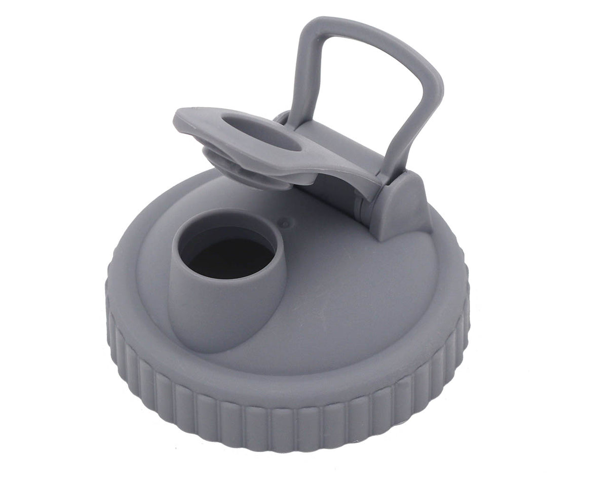 Original Regular Mouth Pour & Store shaker lid with carry loop in Gray, shown with its flip cap open on a white background.