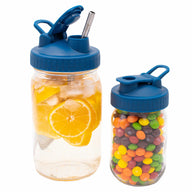 deep blue plastic pour and store lid with carry loop for regular and wide mouth mason jars