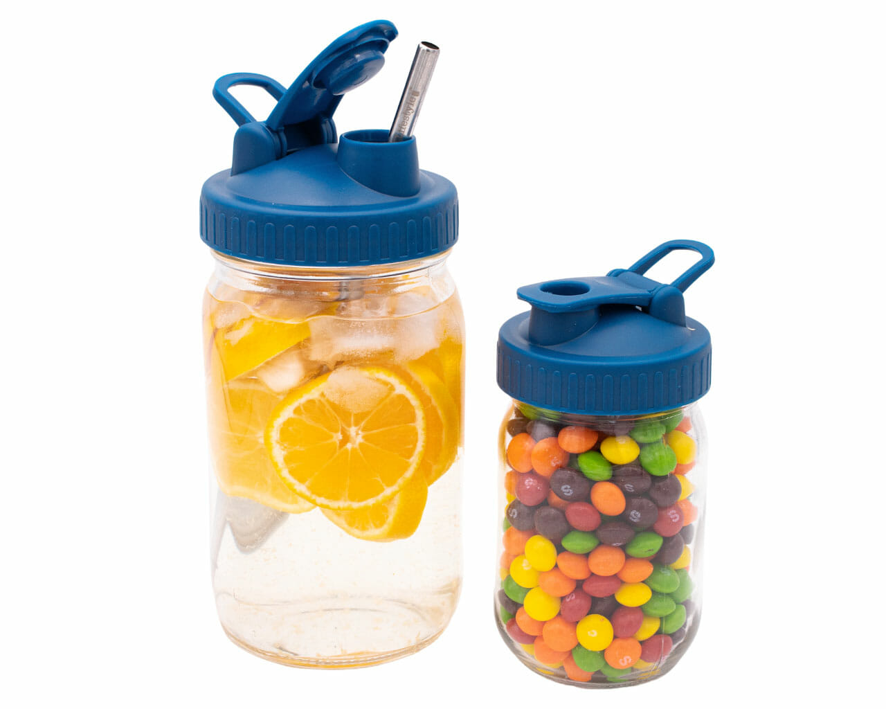 deep blue plastic pour and store lid with carry loop for regular and wide mouth mason jars