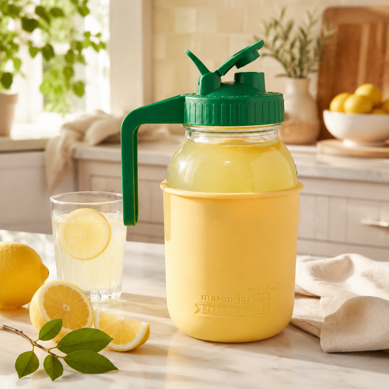 Pour store handle lemonade mediterranean kitchen butter yellow leaf green