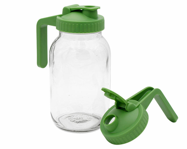 Leaf Green Regular Mouth Pour & Store pitcher lids with handles (Old Version), one on a quart Mason jar and one shown separately with the cap open. Jar not included.