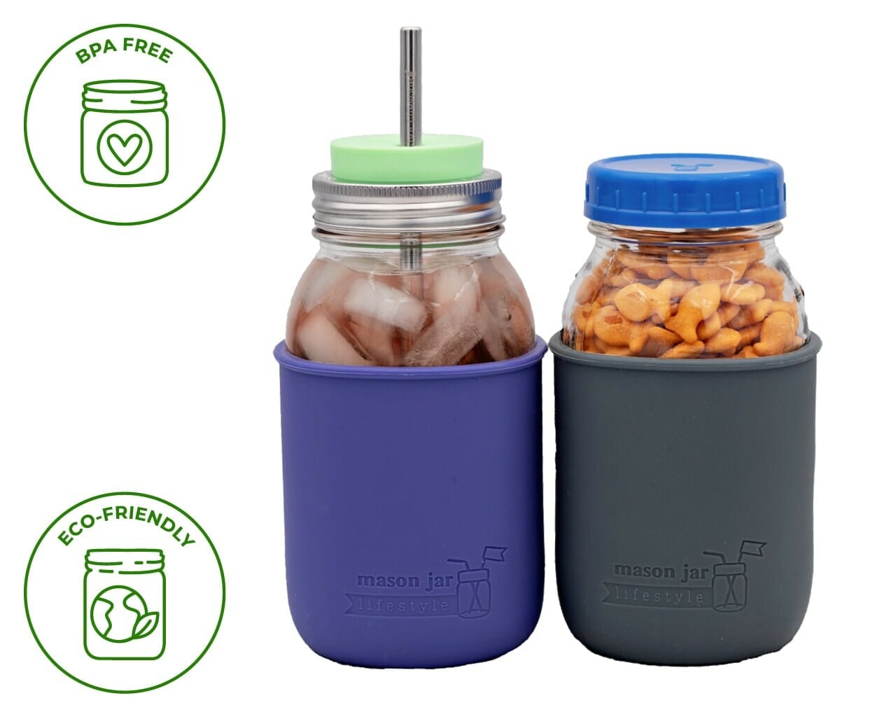 Quart 32 oz Ball and Kerr regular and wide mouth Mason jars with silicone sleeve / jackets which are BPA free and eco-friendly.