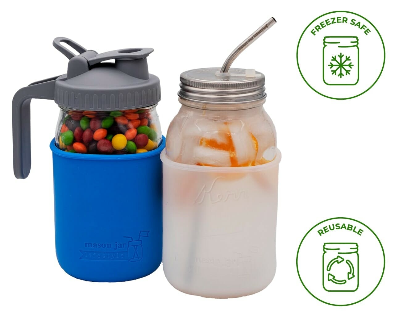 Quart 32 oz Ball and Kerr regular and wide mouth Mason jars with silicone sleeve / jacket which are freezer safe and reusable.