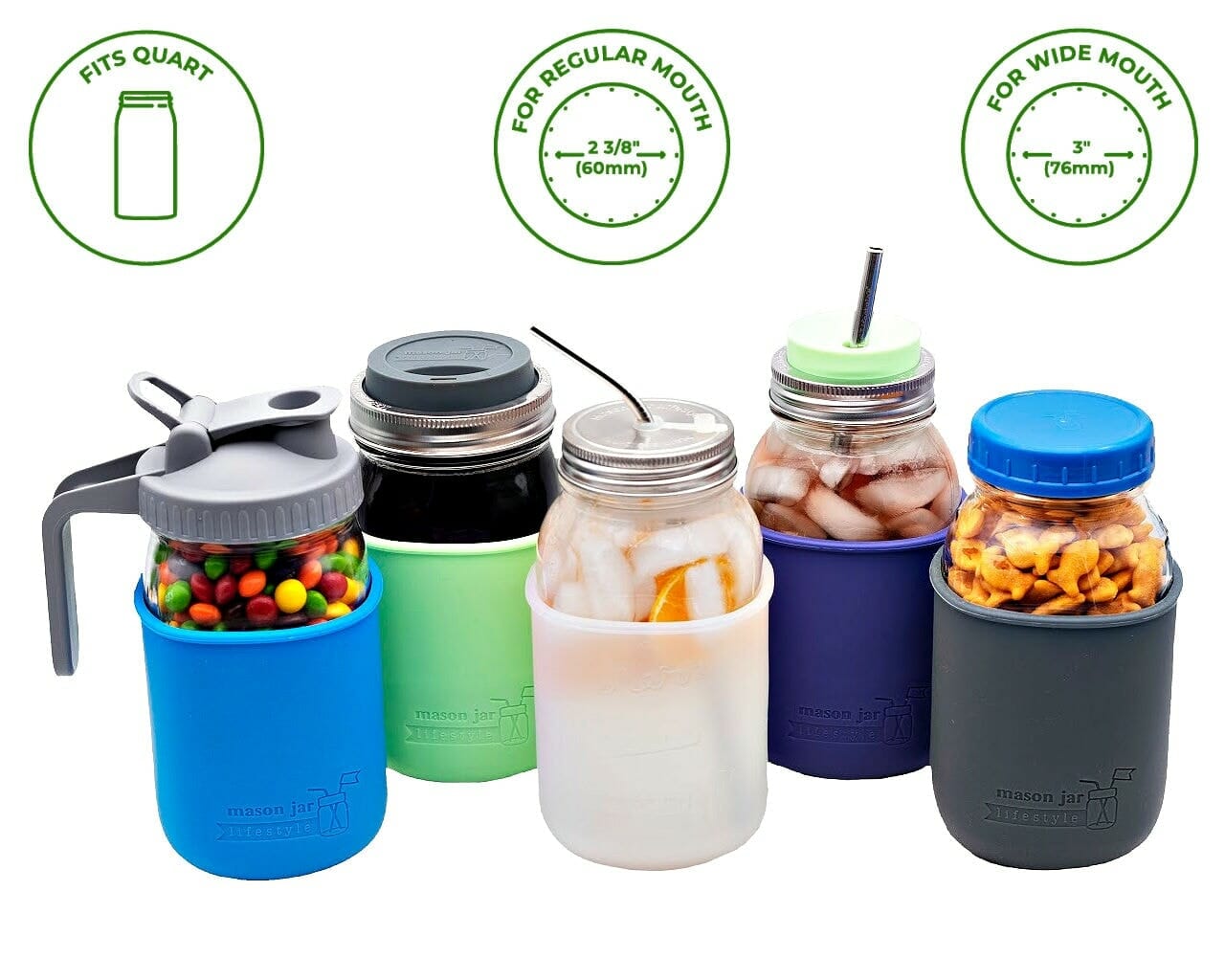 Quart 32 oz Ball and Kerr regular and wide mouth Mason jars with silicone sleeve / jacket in blue, mint green, frost clear, purple, and gray.