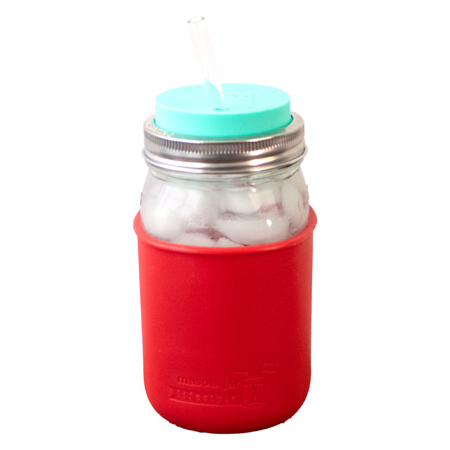 Mason Jar Lifestyle Wide Mouth Smoothie 32oz Quart Glass Water Bottle with Silicone Sleeve & Straw Hole Lid