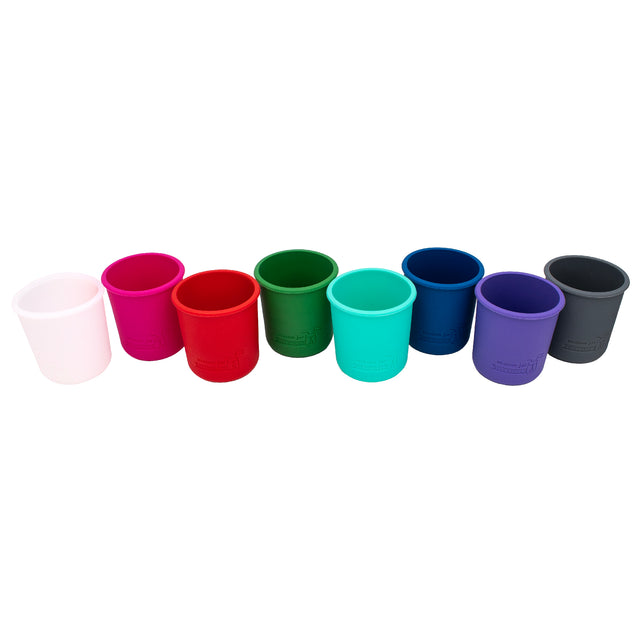 Regular Mouth Half Pint 8oz silicone sleeve, in Frost, Berry Pink, Cherry Red, Leaf Green, Aquamarine, Dark Blue, Ultra Violet, and Charcoal Gray.