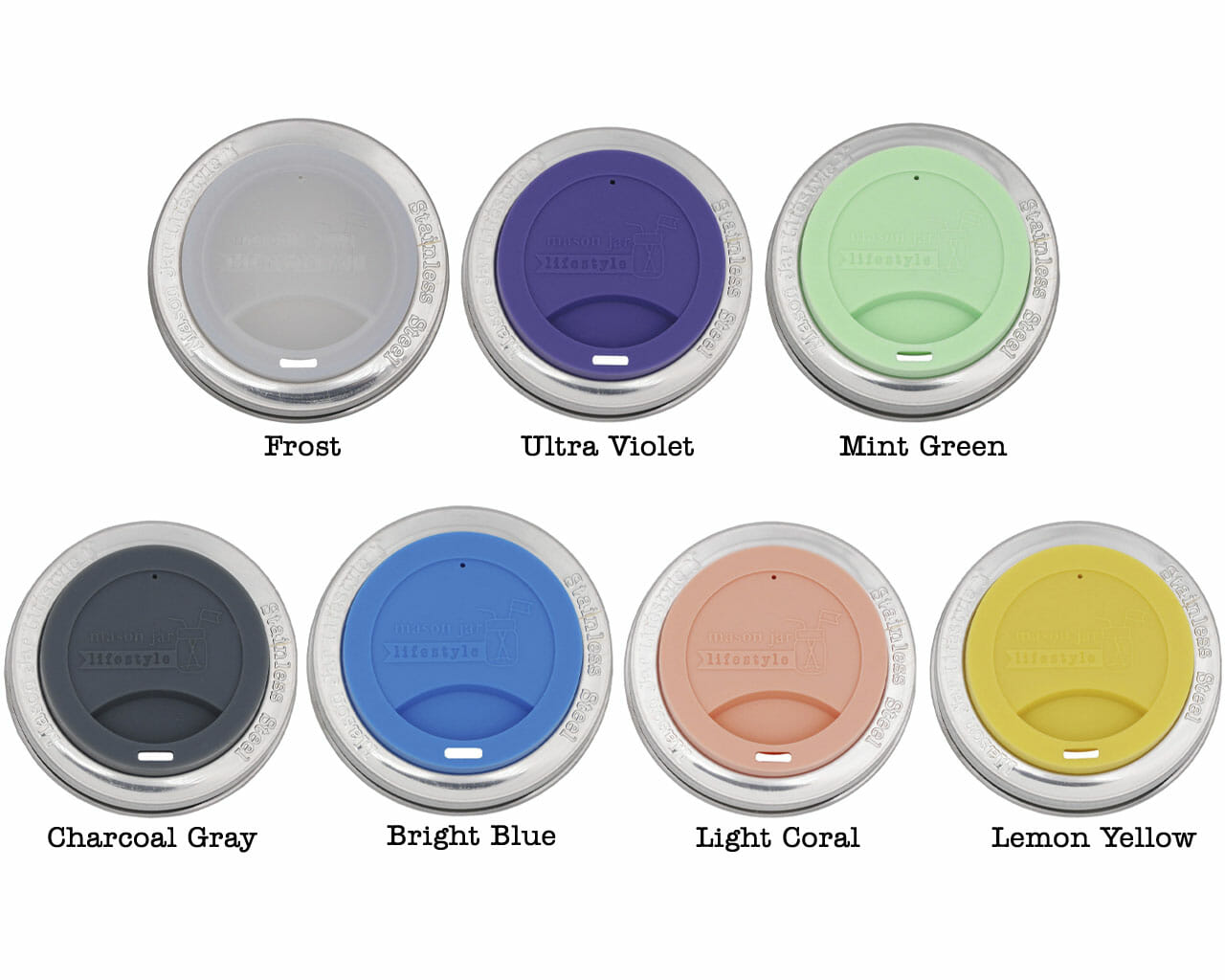 frost, ultra violet, mint green, charcoal gray, bright blue, light coral, lemon yellow regular mouth silicone drinking lids for mason jars