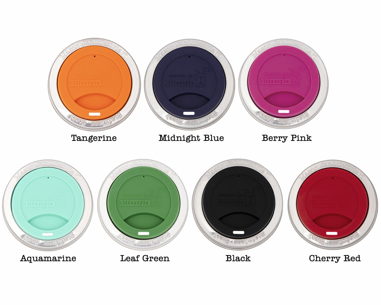 regular mouth silicone drinking lids for mason jars in tangerine, midnight blue, berry pink, aquamarine, leaf green, black, and red