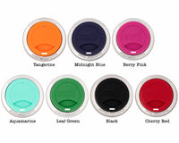 regular mouth silicone drinking lids for mason jars in tangerine, midnight blue, berry pink, aquamarine, leaf green, black, and red