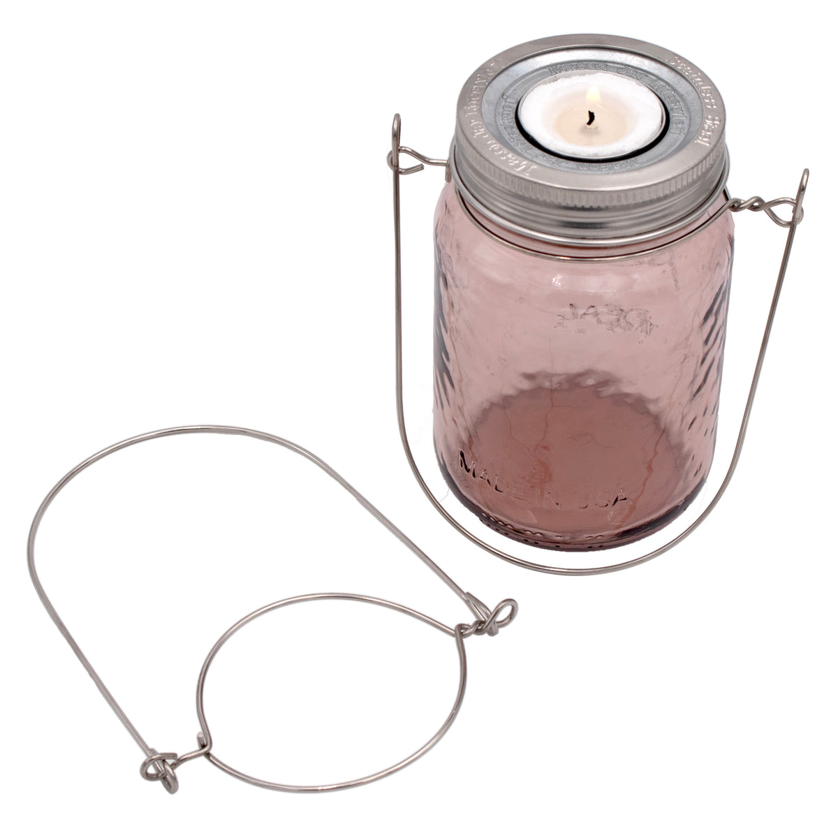 Regular mouth stainless steel wire pint band galvanized tea light insert decorative pink on white down on off