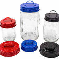 Red Blue and Black Speckled Enameled Handle/Canister Lids on regular mouth 8oz half pint, 16oz pint, wide mouth 32oz quart mason jars