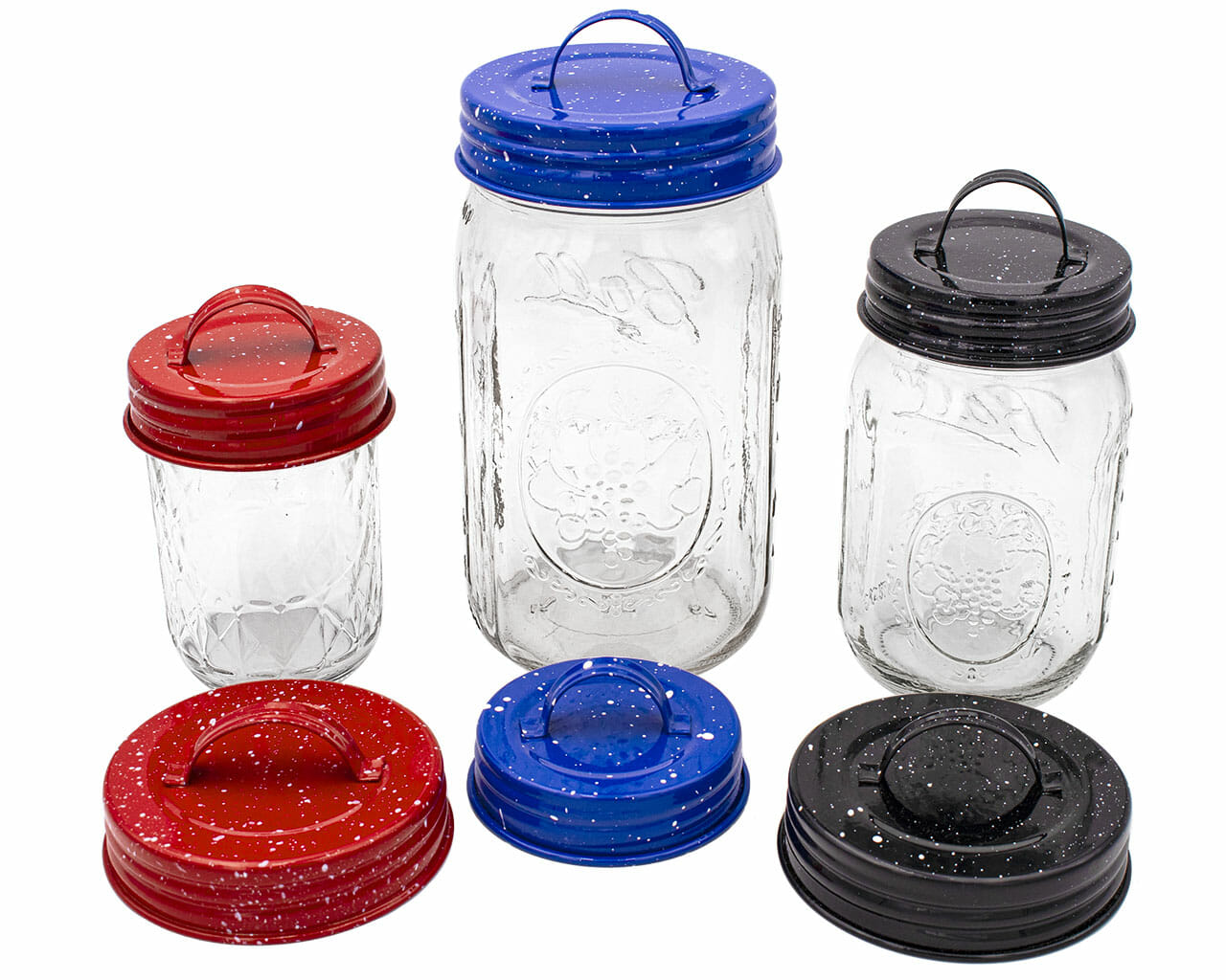 Red Blue and Black Speckled Enameled Handle/Canister Lids on regular mouth 8oz half pint, 16oz pint, wide mouth 32oz quart mason jars