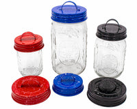 Red Blue and Black Speckled Enameled Handle/Canister Lids on regular mouth 8oz half pint, 16oz pint, wide mouth 32oz quart mason jars