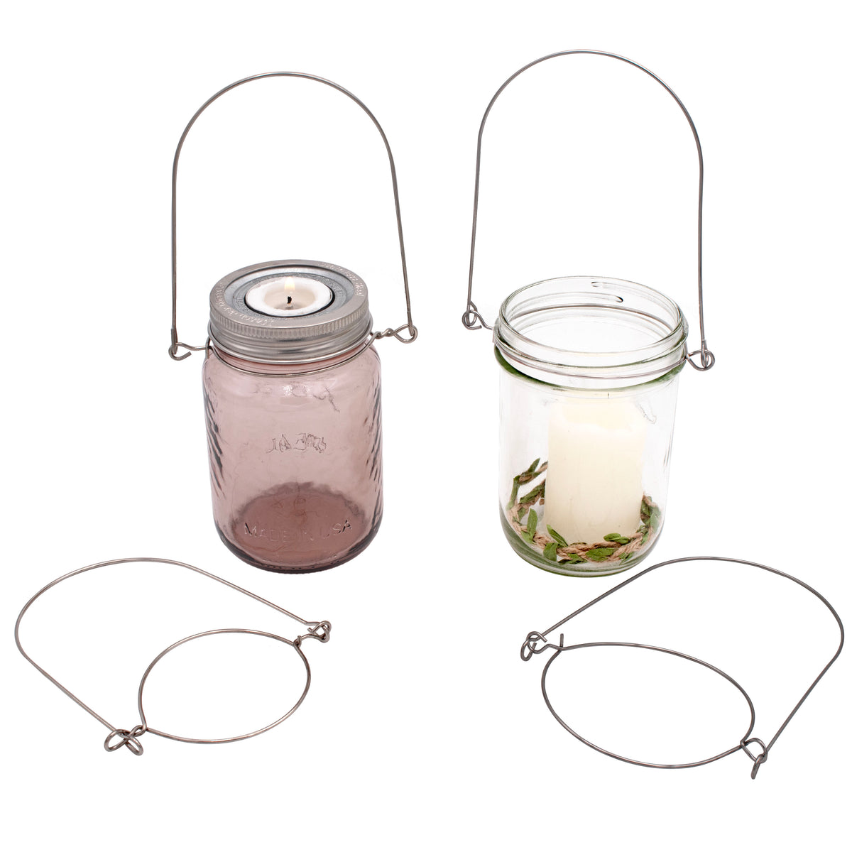 Regular wide mouth stainless steel wire handle 16oz pint band galvanized tea light insert decorative pink candle on white down on off
