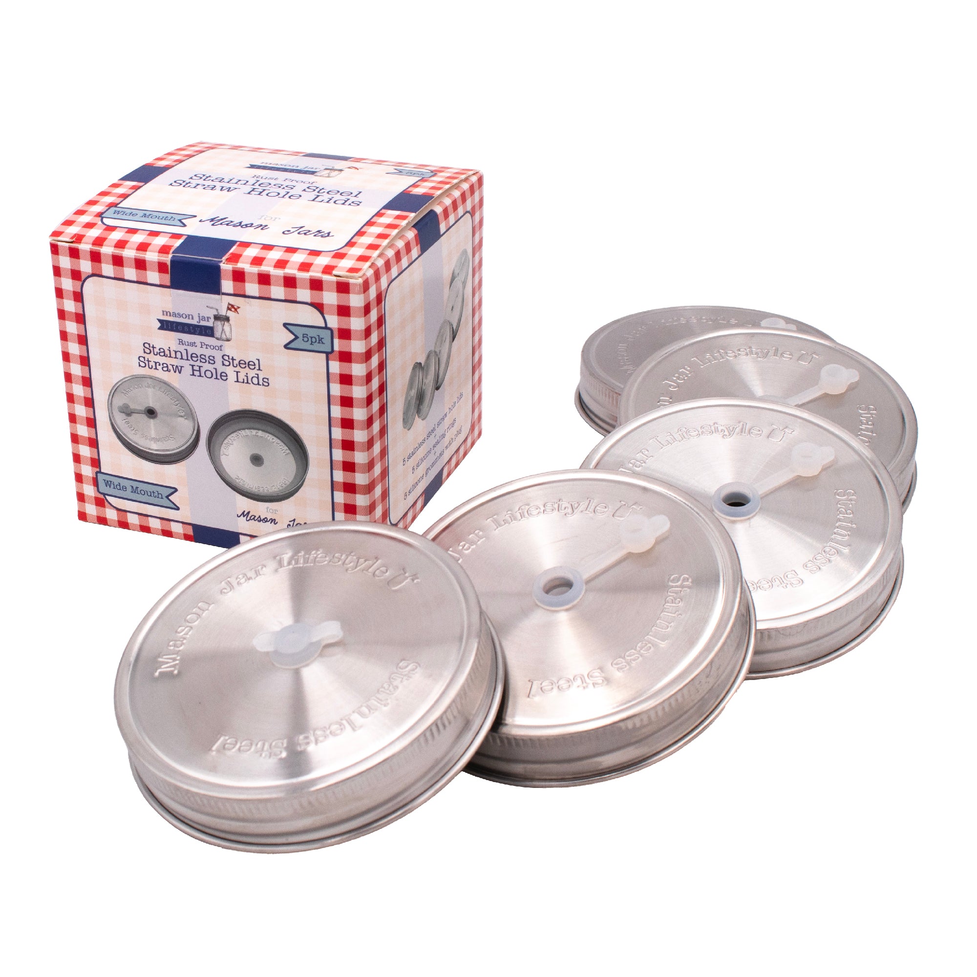 Straw Hole Tumbler Stainless Steel Lids for Mason Jars 5 Pack