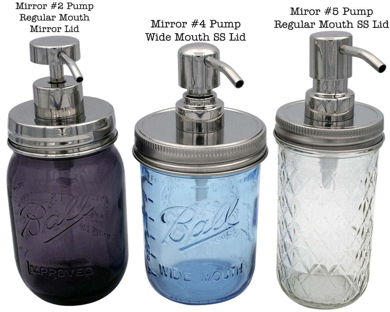 mason-jar-lifestyle-rust-proof-soap-lotion-pump-dispenser-lid-kit-mirror-chrome-2-4-5-regular-wide-mouth-pint-16oz-12oz-ball-mason-jars-labelled