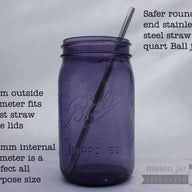 Safer rounded end stainless steel metal straws for quart Mason jars with information text