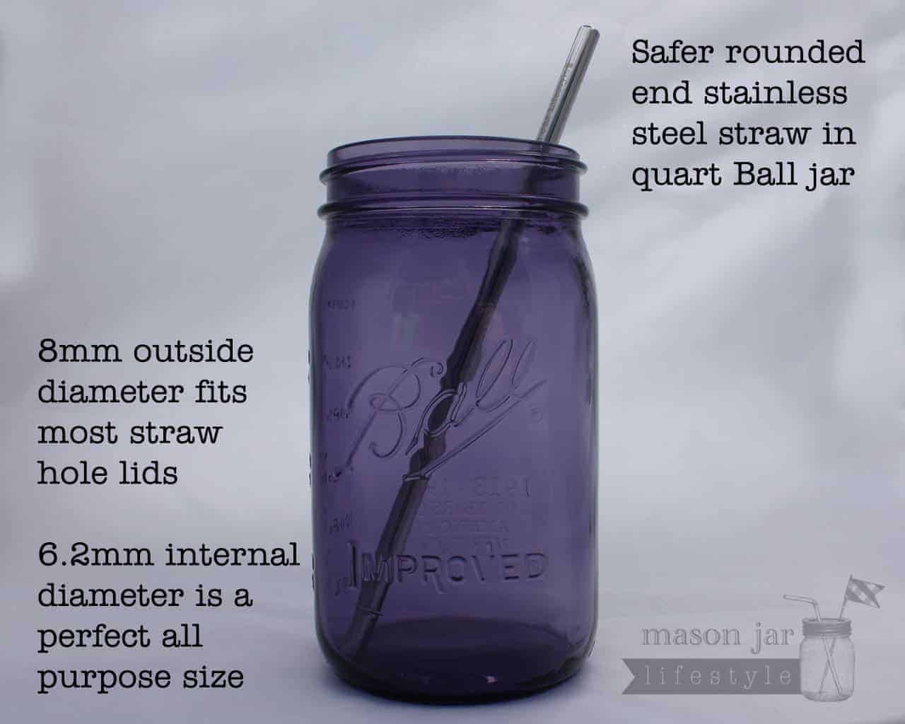 Safer rounded end stainless steel metal straws for quart Mason jars with information text