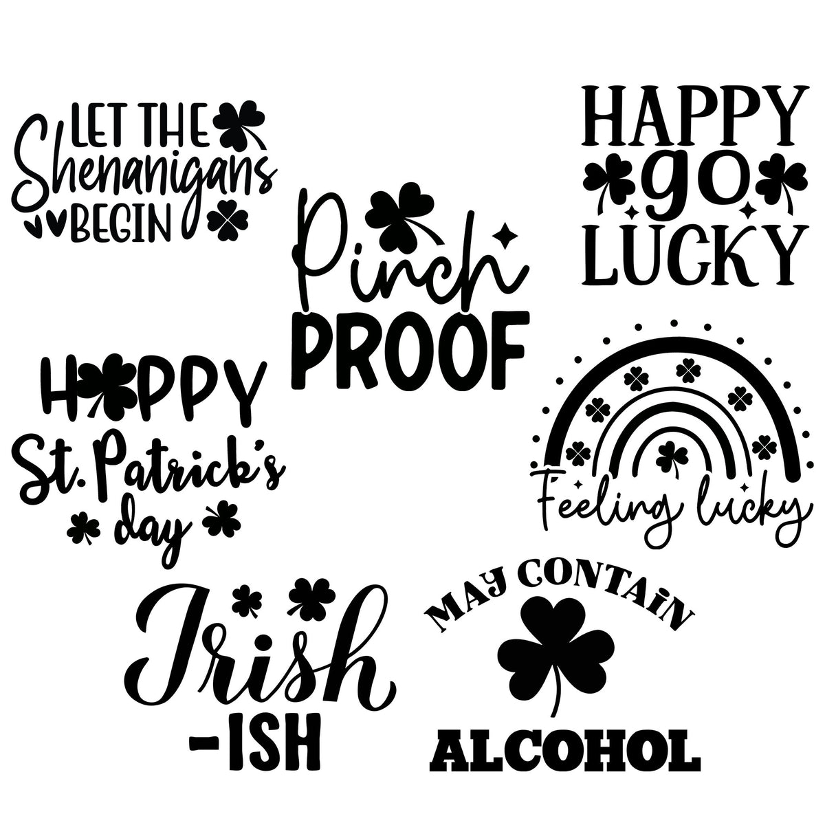 Seven St. Patrick's Day engraving designs with shamrocks, a rainbow, and festive sayings