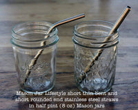 Mason Jar Lifestyle short thin bent and short rounded end stainless steel straws in half pint (8oz) Mason jars